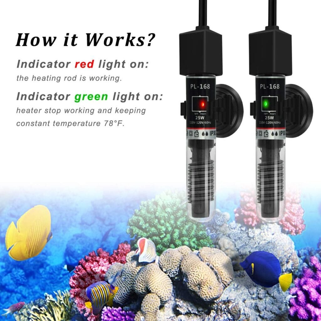 PULACO 25W Small Aquarium Betta Heater with Free Thermometer Strip, Under 6 Gallon Fish Tanks (Preset Temperature 78℉)