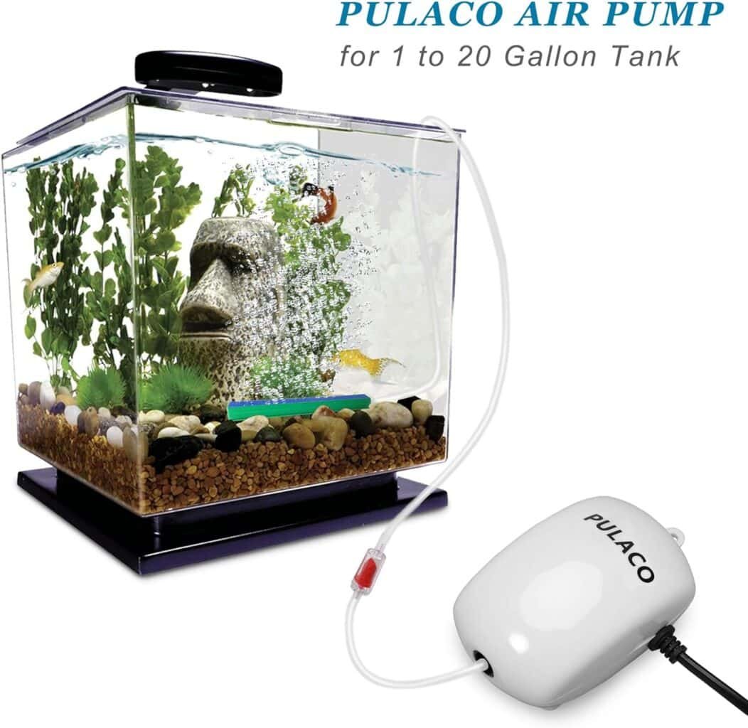 PULACO Ultra Quiet Mini Aquarium Fish Tank Air Pump for 1-20 Gallon Fish Bowl with Air Tube Air Bubbler Stone Check Valve