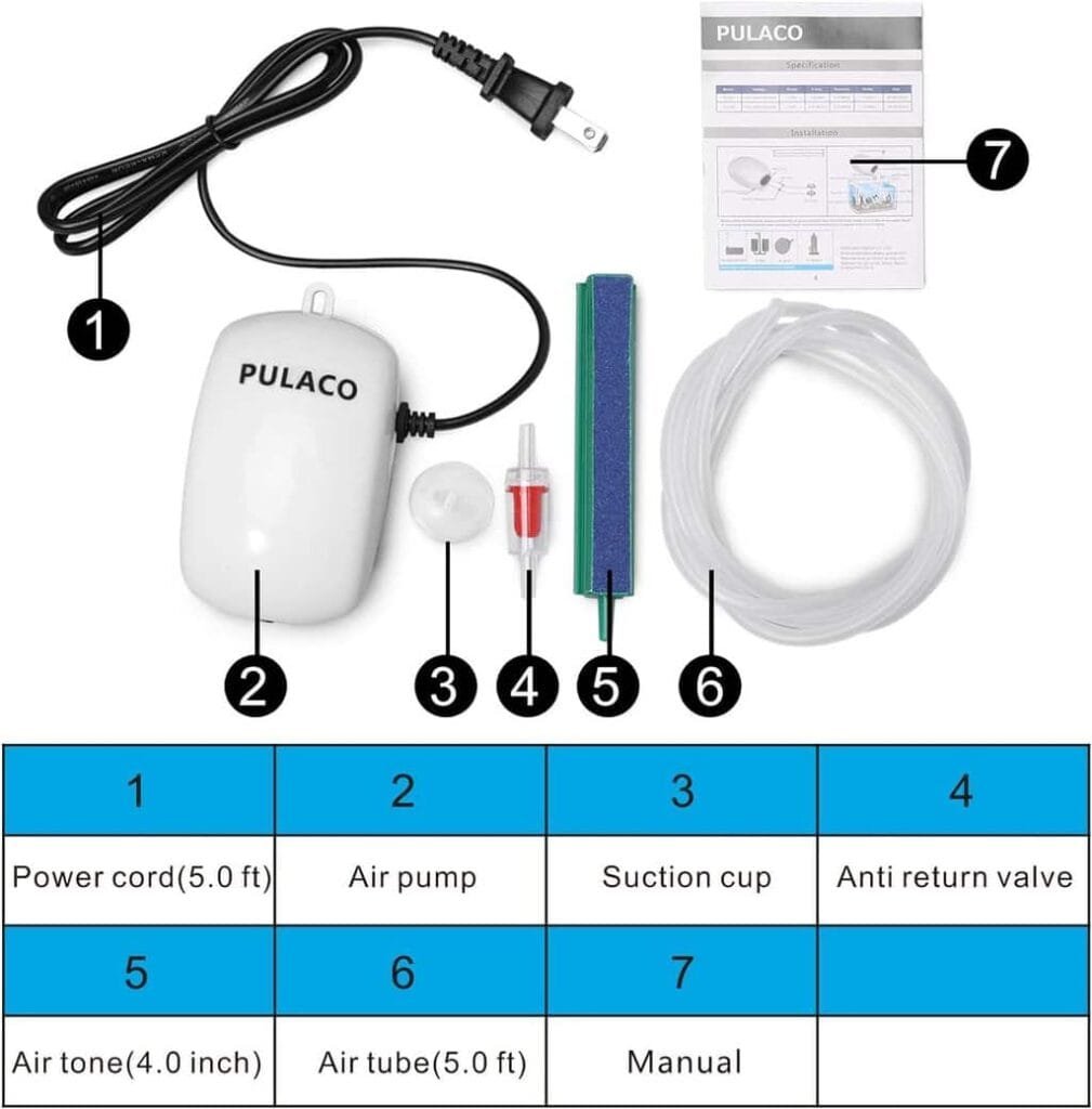 PULACO Ultra Quiet Mini Aquarium Fish Tank Air Pump for 1-20 Gallon Fish Bowl with Air Tube Air Bubbler Stone Check Valve