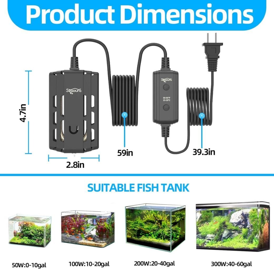 SEAOURA Aquarium Heater,Fish Tank Heater with LED Temperature Display 50W Submersible Heater for 1-10 Gallons Saltwater Tanks or Freshwater (50W) 【2023 Upgraded】